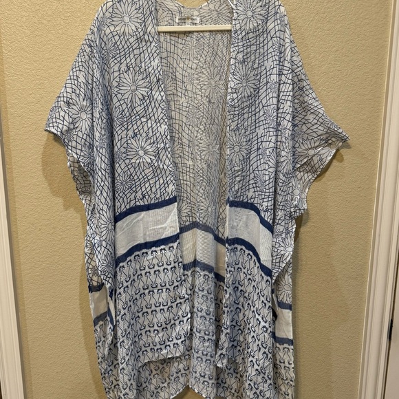 Woven Heart Blue White Kimono Cover-Up OS Boho Beach Layering Festival Chic - Picture 1 of 4